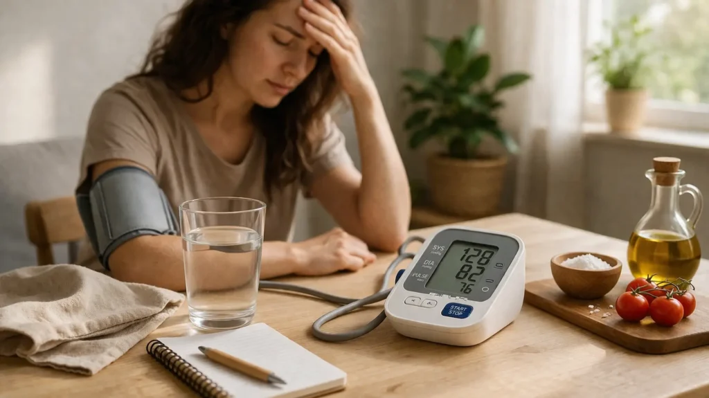 glavobolja i krvni pritisak - merenje pritiska i čaša vode
