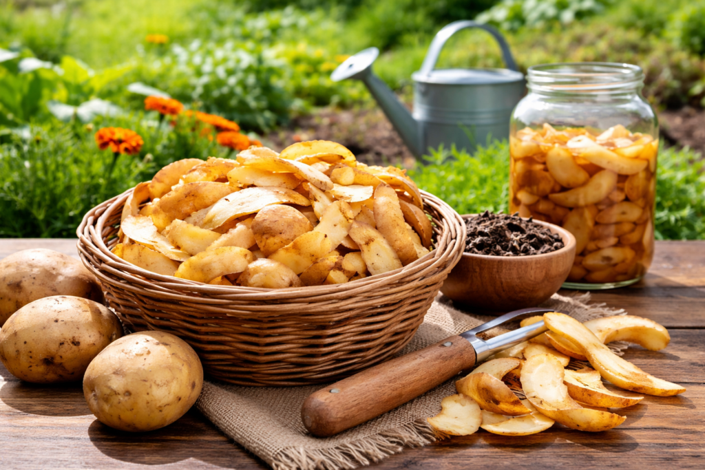 ljuske od krompira u korpi na stolu u bašti prirodna upotreba