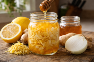 Prirodni sirup od luka, đumbira, meda i limuna u tegli – domaći recept za grlo i disajne puteve