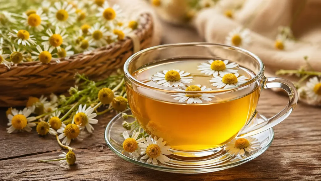 čaj od kamilice u šolji prirodna priprema