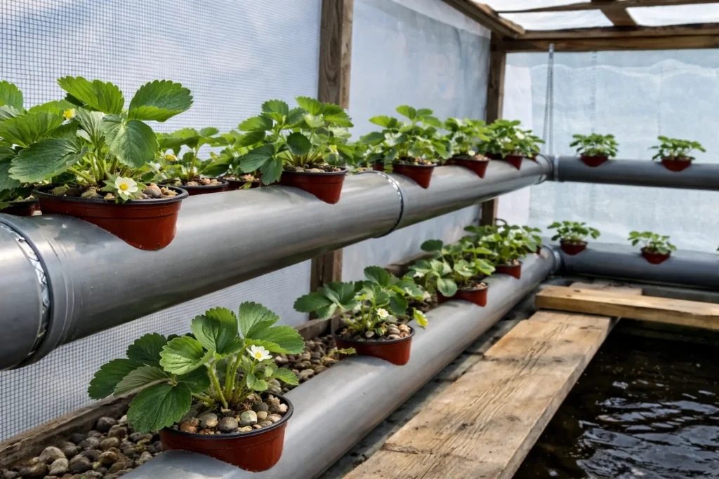 jagode u akvaponiji Albion sistem u PVC cevima