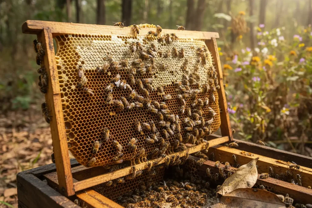 pcela na sacu u drvenom ramu kosnice prirodno pcelarstvo