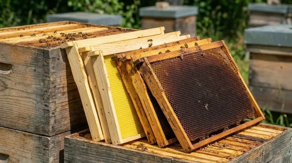 pcela na sacu u drvenom ramu kosnice prirodno pcelarstvo